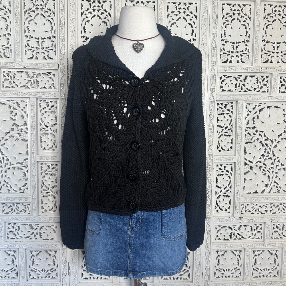 Nine & Co Black Chunky Open‎ Knit Long Sleeve Shawl Collar Cardigan Sz Medium